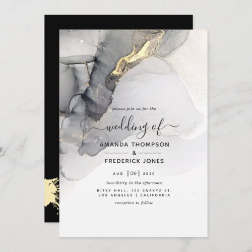 Black and Gold Alcohol Ink Wedding Invitation