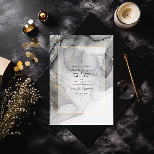 Black and Gold Alcohol Ink Wedding Invitation