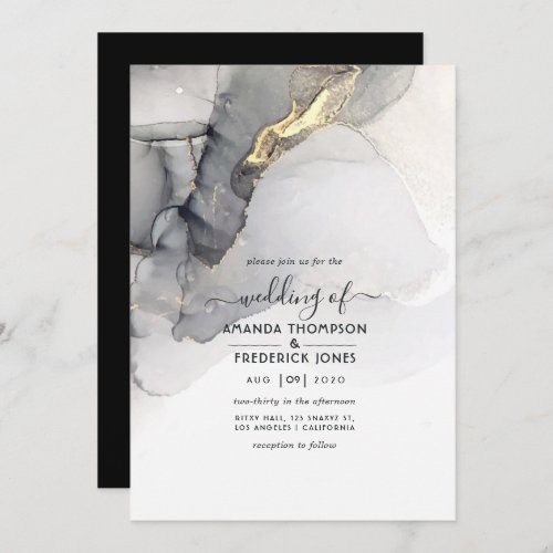 Black and Gold Alcohol Ink Wedding Invitation
