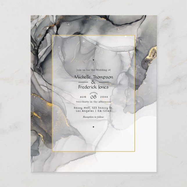 Black and Gold Alcohol Ink Wedding Invitation Flyer (Front)