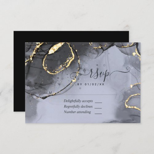 Black and Gold Alcohol Ink Wedding RSVP Card