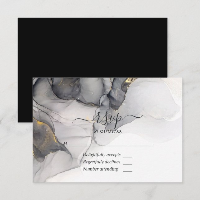 Black and Gold Alcohol Ink Wedding RSVP Card (Front/Back)