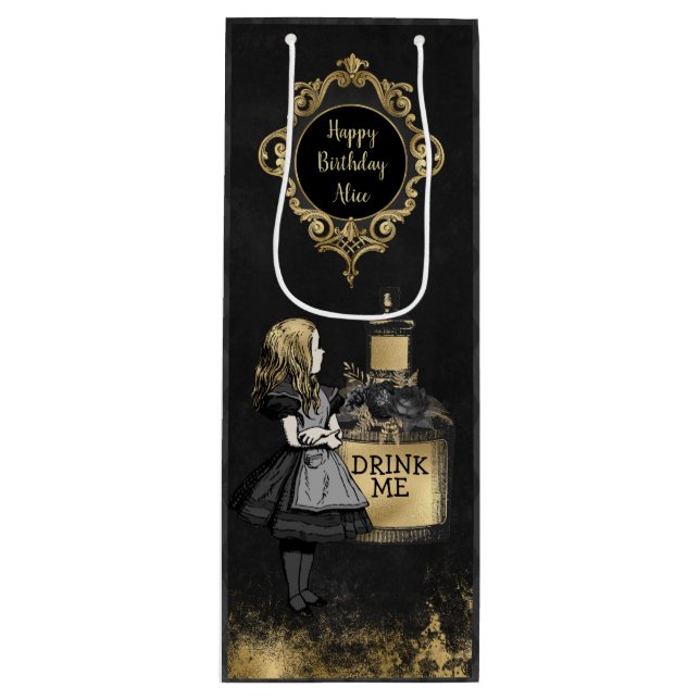 Black and Gold Alice drink me   Wine Gift Bag (Front)