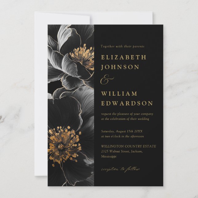 Black And Gold All In One Luxury Floral Wedding Invitation (Front)