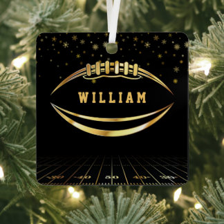 Black and Gold American Football Field Custom Name Metal Ornament