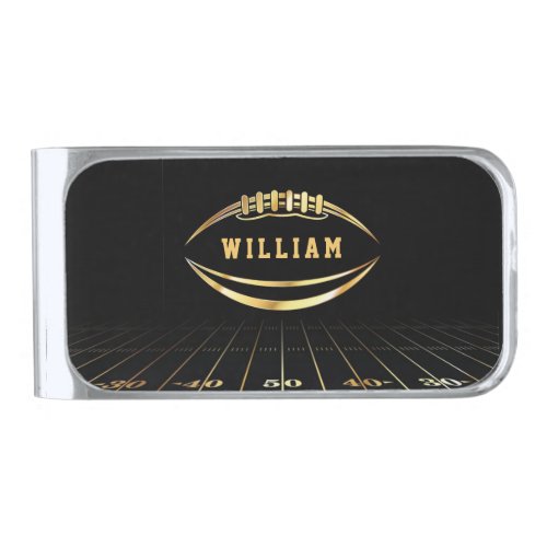 Black and Gold American Football Field Custom Name Silver Finish Money Clip