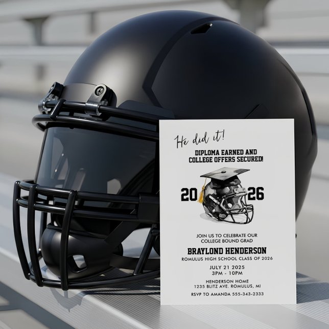 Black and Gold American Football Graduation Party Invitation (Football Graduation Party Invitation | Graduation Invitations for Football Players)