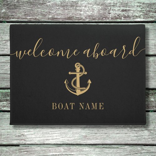 Black And Gold Anchor Boat Name Welcome Aboard Doormat