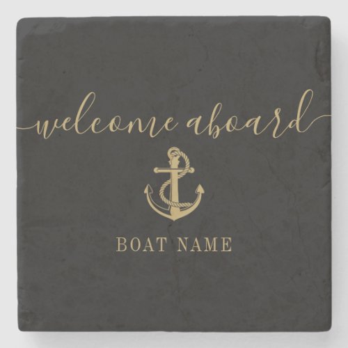 Black And Gold Anchor Boat Name Welcome Aboard Stone Coaster