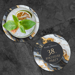 Black and Gold Any Age Birthday Round Paper Coaster