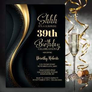 Black and Gold Any Age Surprise Birthday Party Invitation