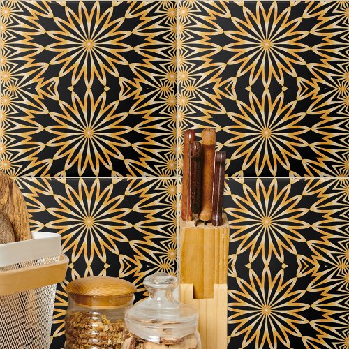 Black and Gold Arabesque Kaleidoscope Mosaic Ceramic Tile