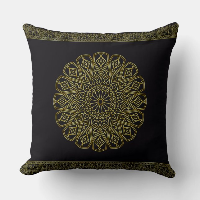 Black and Gold Arabesque Throw Cushion (Two Sizes) (Front)