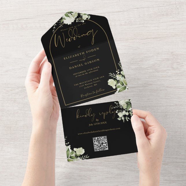 Black And Gold Arch Greenery QR Code Wedding All In One Invitation (Tearaway)