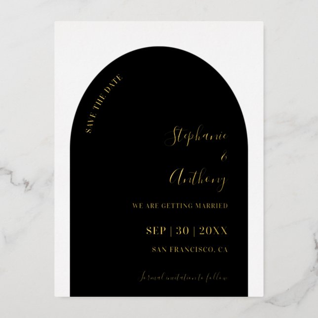 Black and Gold Arch Wedding Save the Date Foil Holiday Postcard (Front)