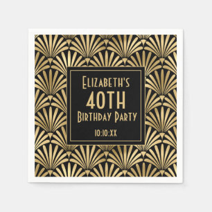 Black and Gold Art Deco 40th Birthday Party Napkins