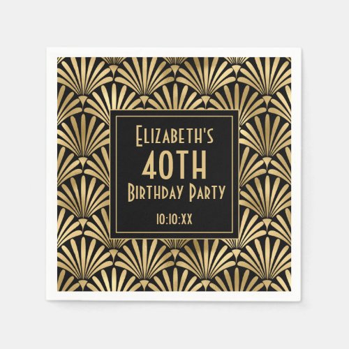 Black and Gold Art Deco 40th Birthday Party Napkins