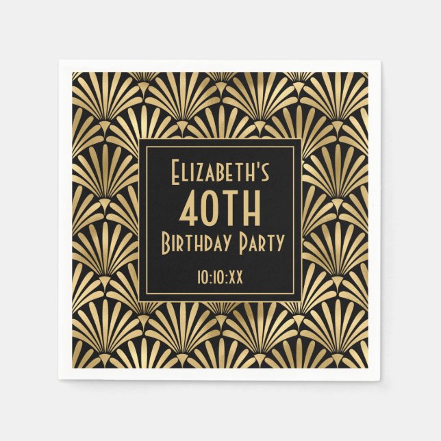 Black and Gold Art Deco 40th Birthday Party Napkins (Front)