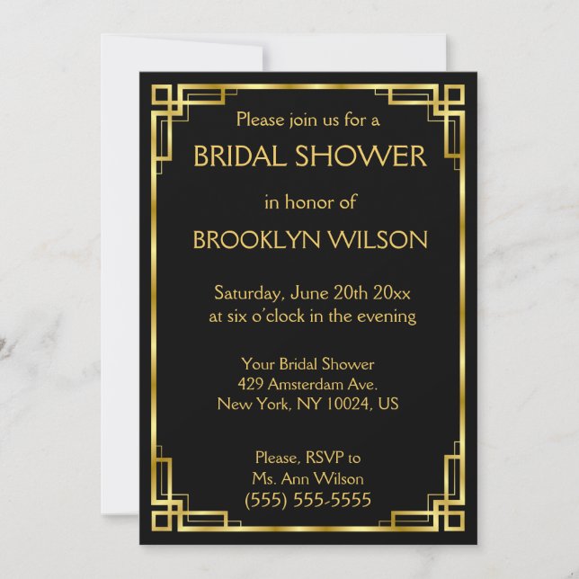 Black And Gold Art Deco Bridal Shower Invitations (Front)