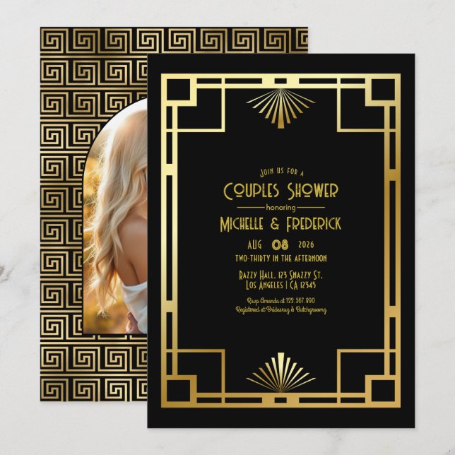 Black and Gold Art Deco Couples Shower Photo Invitation (Front/Back)