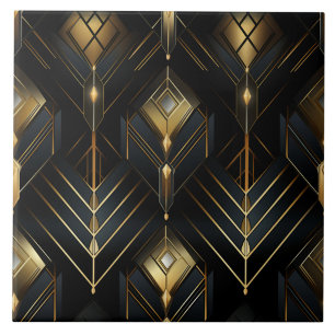 Black and Gold Art Deco Diamond Drops Ceramic Tile