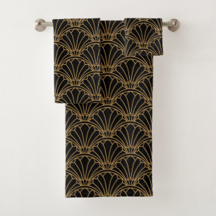 Black and Gold Art Deco Fan Flower Motif Bath Towel Set