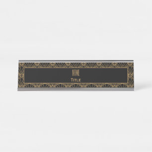 Black and Gold Art Deco Fan Flowers Motif Desk Name Plate