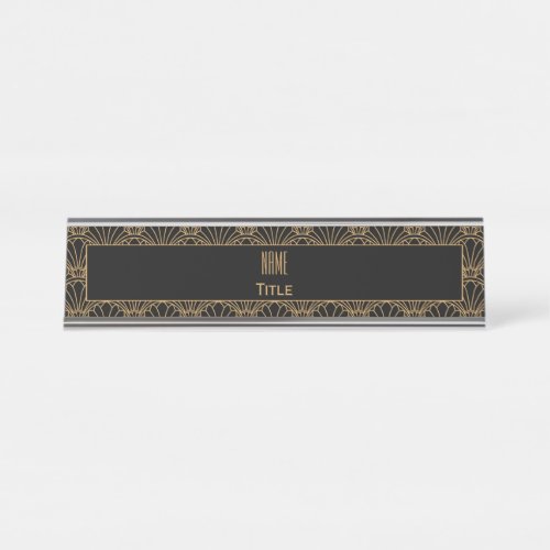 Black and Gold Art Deco Fan Flowers Motif Desk Name Plate