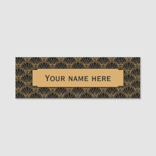 Black and Gold Art Deco Fan Flowers Motif Name Tag