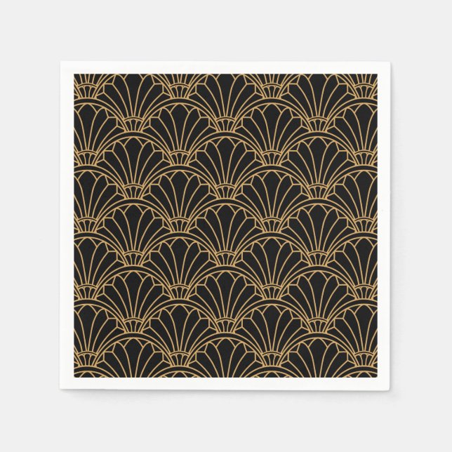 Black and Gold Art Deco Fan Flowers Motif Napkins (Front)