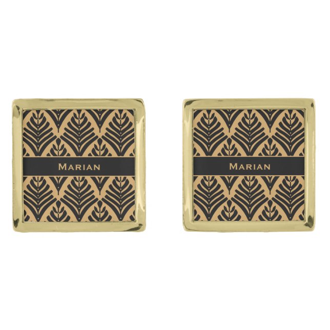 Black and Gold Art Deco Fan Flowers Pattern Cufflinks (Front)