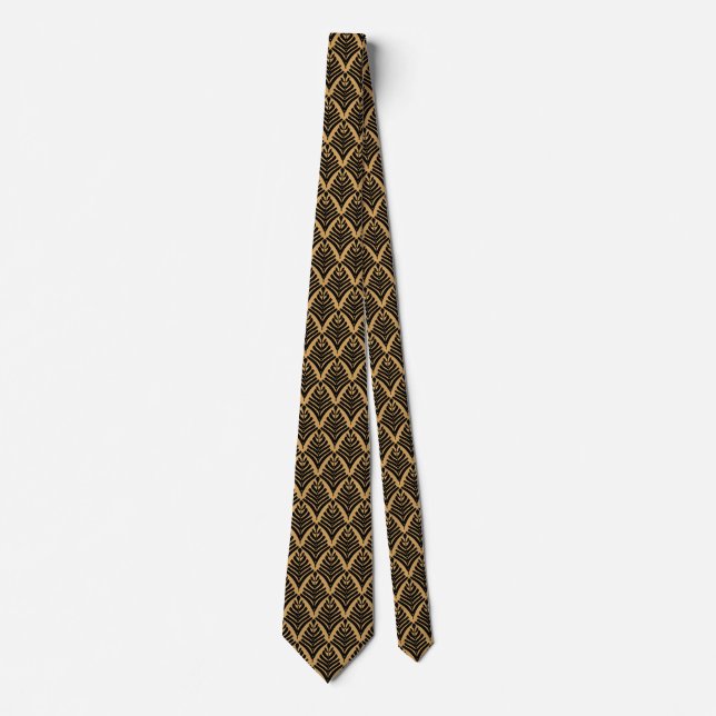 Black and Gold Art Deco Fan Flowers Pattern Neck Tie (Front)