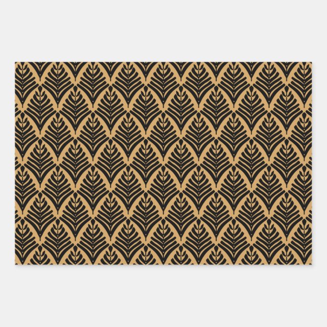 Black and Gold Art Deco Fan Flowers Pattern Wrapping Paper Sheets (Front)