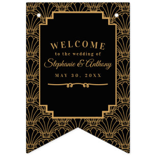 Black and Gold Art Deco Fan Flowers Wedding   Bann Bunting Flags