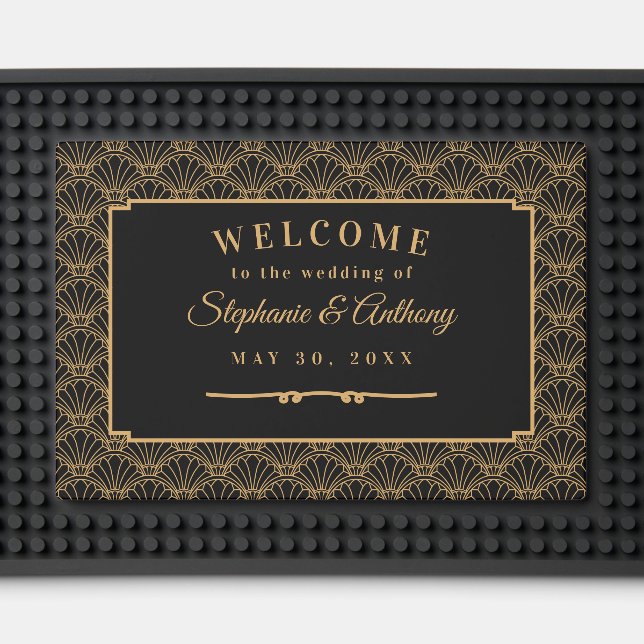 Black and Gold Art Deco Fan Flowers Wedding   Bar Mat (Front (Close Up))