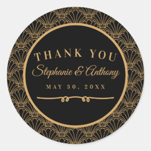 Black and Gold Art Deco Fan Flowers Wedding Classic Round Sticker