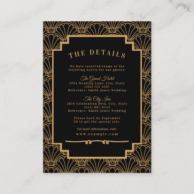 Black and Gold Art Deco Fan Flowers Wedding  Enclosure Card (Front)