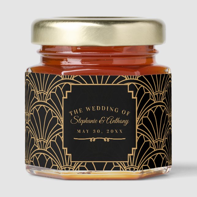 Black and Gold Art Deco Fan Flowers Wedding    Honey Jar Favors (Front)