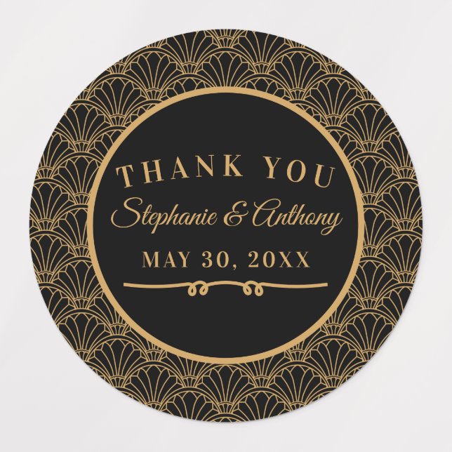 Black and Gold Art Deco Fan Flowers Wedding  Labels (Design 1)