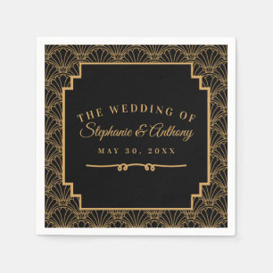 Black and Gold Art Deco Fan Flowers Wedding Napkins