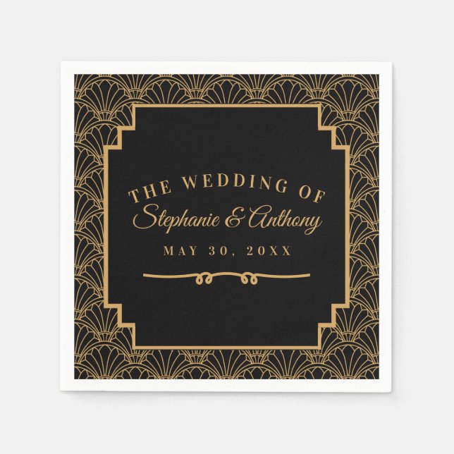 Black and Gold Art Deco Fan Flowers Wedding    Napkins (Front)