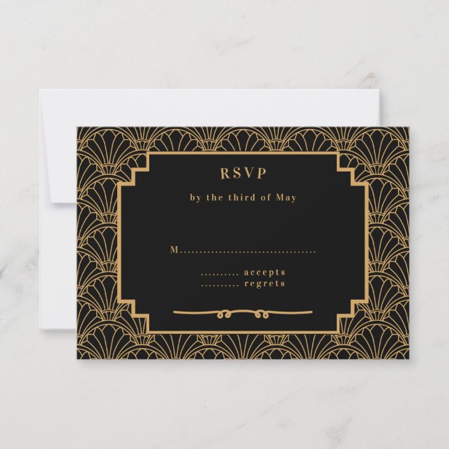 Black and Gold Art Deco Fan Flowers Wedding  RSVP Card (Front)
