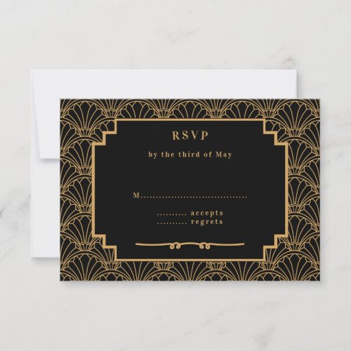 Black and Gold Art Deco Fan Flowers Wedding  RSVP Card