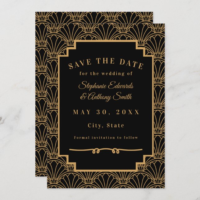 Black and Gold Art Deco Fan Flowers Wedding  Save The Date (Front/Back)
