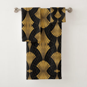 black and gold Art Deco fan pattern Bath Towel Set