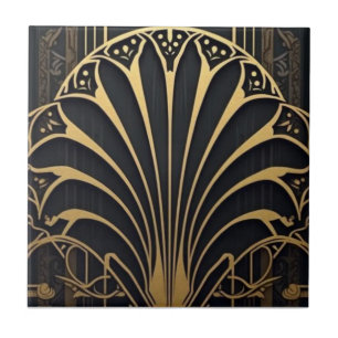 black and gold Art Deco fan pattern Ceramic Tile