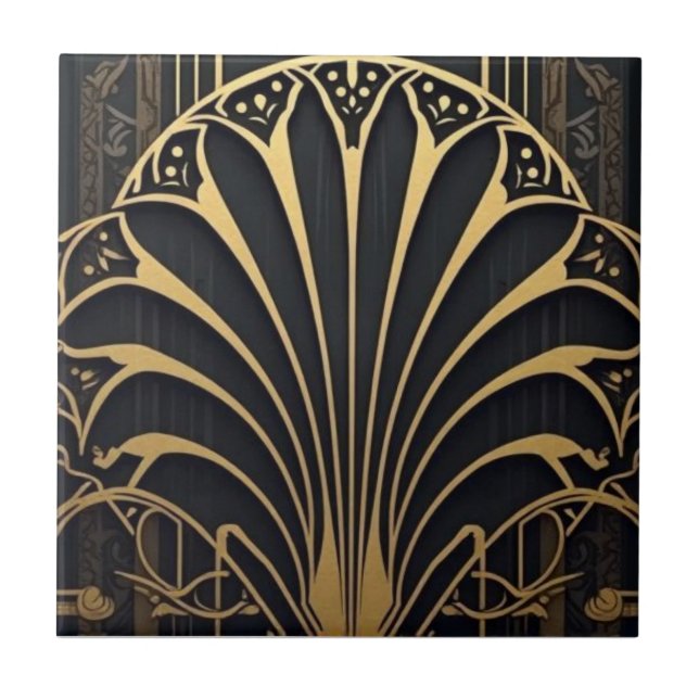 black and gold Art Deco fan pattern  Ceramic Tile (Front)