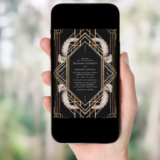 Black and Gold Art Deco Feather Wedding Invitation (Front Digital)