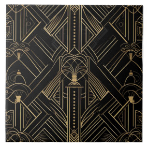 Black and Gold Art Deco Fine Line Ornament Ceramic Tile