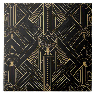 Black and Gold Art Deco Fine Line Ornament Ceramic Tile